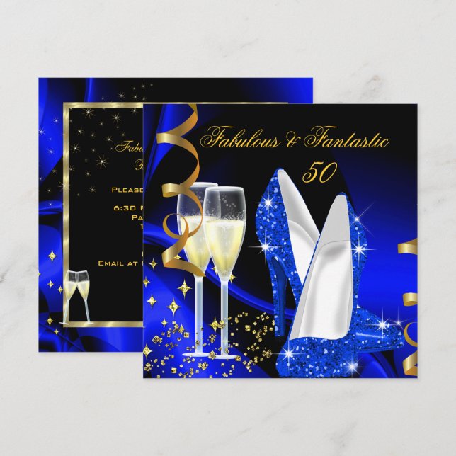 Fabulous 50 Fantastic Abstract Blue Gold Party Invitation (Front/Back)