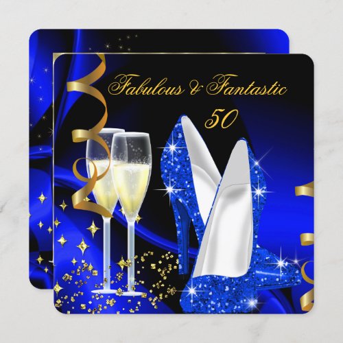 Fabulous 50 Fantastic Abstract Blue Gold Party Invitation