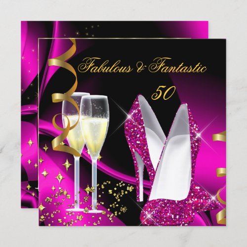 Fabulous 50 Fantastic Abstract Pink Gold Birthday Invitation