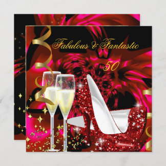 Fabulous 50 Fantastic Abstract Red Gold Birthday 2 Invitation