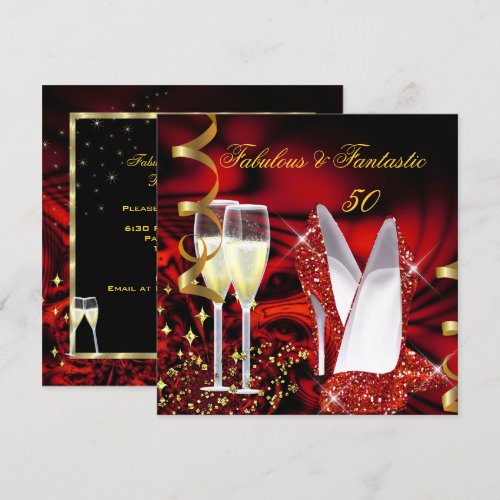 Fabulous 50 Fantastic Abstract Red Gold Birthday Personalized Invite