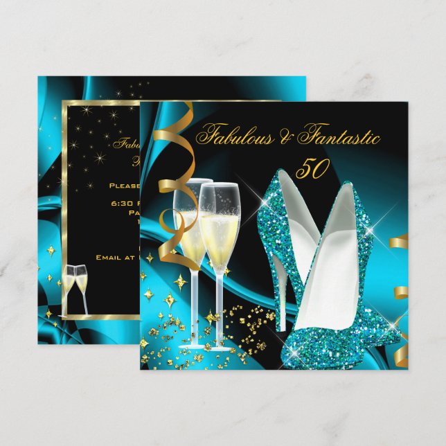 Fabulous 50 Fantastic Abstract Teal Blue Gold Invitation (Front/Back)