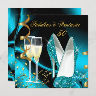 Fabulous 50 Fantastic Abstract Teal Blue Gold Invitation