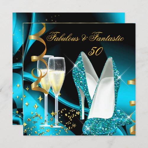 Fabulous 50 Fantastic Abstract Teal Blue Gold Invitation