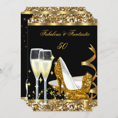 Fabulous 50 Fantastic Birthday Party Gold Black 2 Invitation