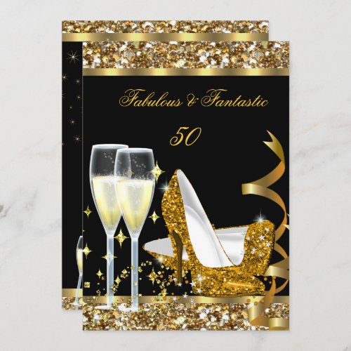 Fabulous 50 Fantastic Birthday Party Gold Black Invitation