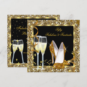 Fabulous 50 Fantastic Black Gold Birthday Party Invitation