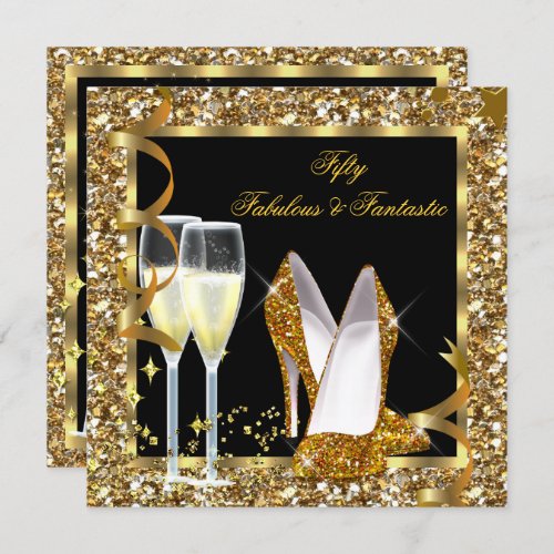 Fabulous 50 Fantastic Black Gold Birthday Party Invitation