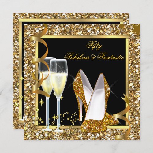 Fabulous 50  Fantastic Black Gold Birthday Party Invitation