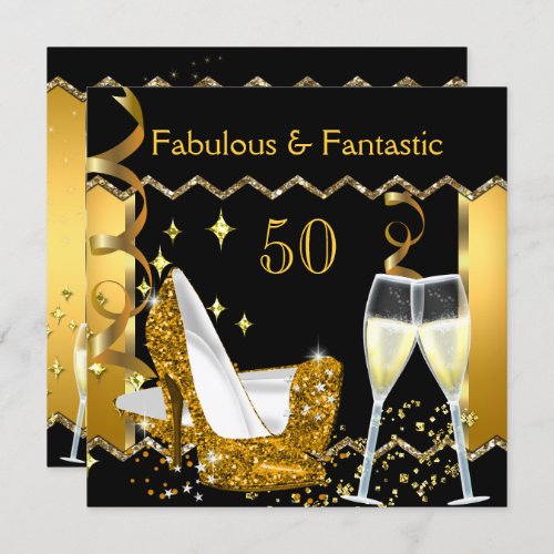 Fabulous 50 Fantastic Black Gold Glitter Party 2 Invitation