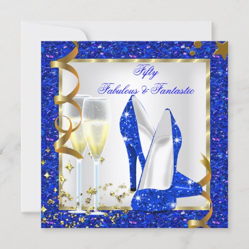 Fabulous 50 Fantastic Blue White Gold Birthday Invitation