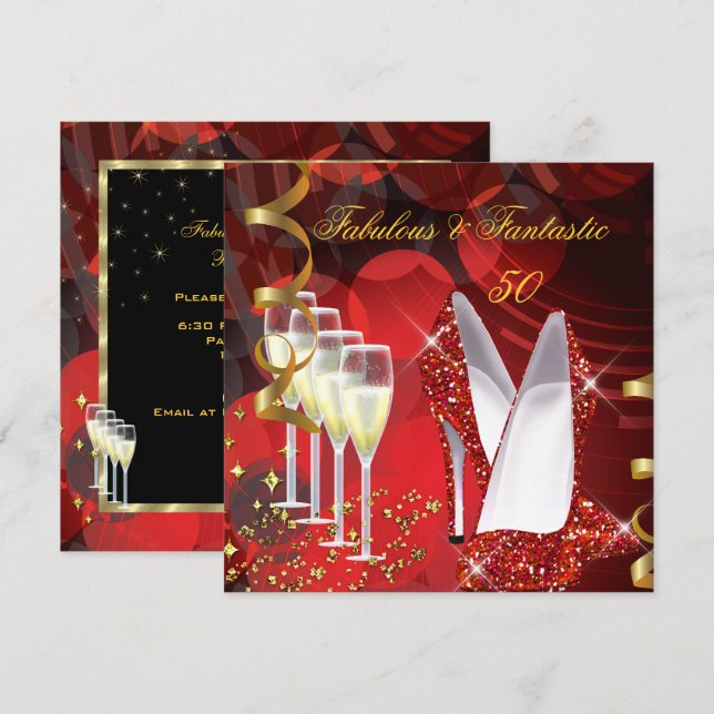 Fabulous 50 Fantastic Champagne Red Gold Birthday Invitation (Front/Back)