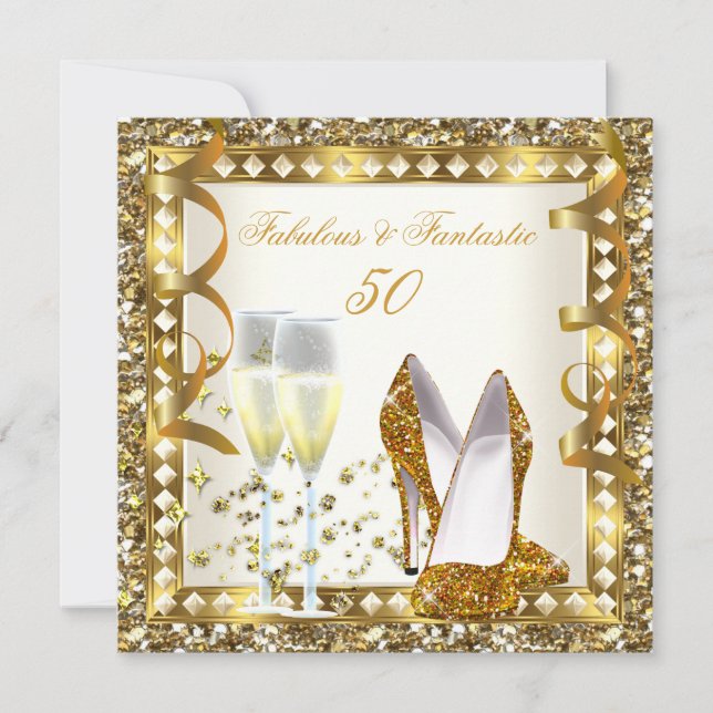 Fabulous 50 & Fantastic Cream Gold Glam Birthday Invitation (Front)