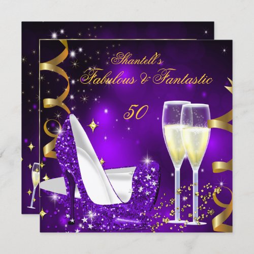 Fabulous 50 Fantastic Festive Purple Gold Birthday Invitation