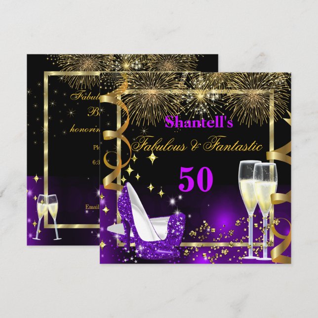Fabulous 50 Fantastic Festive Purple Gold Party Invitation (Front/Back)