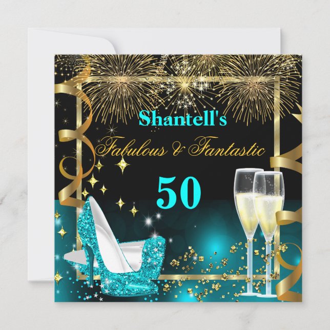Fabulous 50 Fantastic Festive Teal Gold Party Invitation (Front)