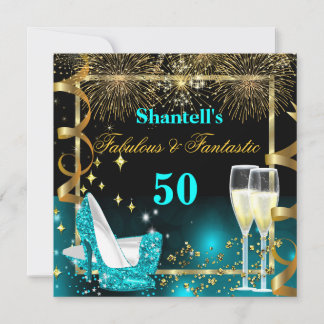 Fabulous 50 Fantastic Festive Teal Gold Party Invitation