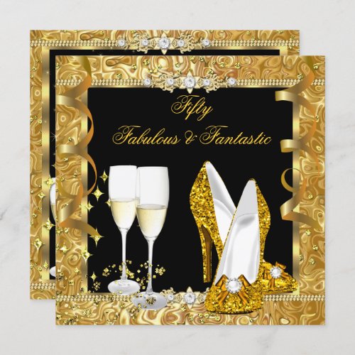 Fabulous 50 Fantastic Gold Black Birthday Party 2 Invitation