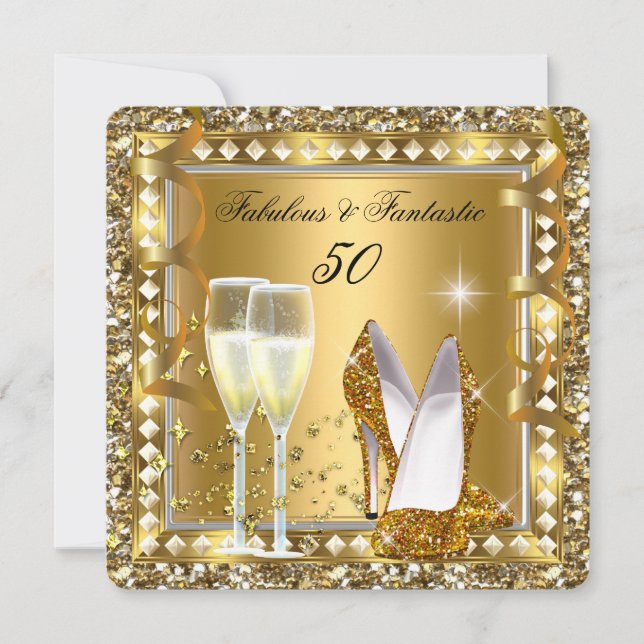 Fabulous 50 & Fantastic Gold Glam Silver Birthday Invitation (Front)