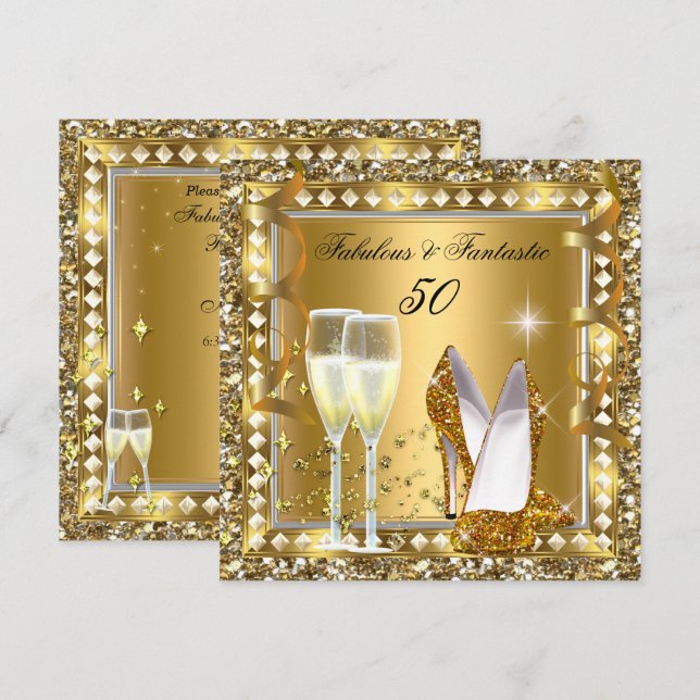 Fabulous 50 & Fantastic Gold Glam Silver Birthday Invitation (Front/Back)