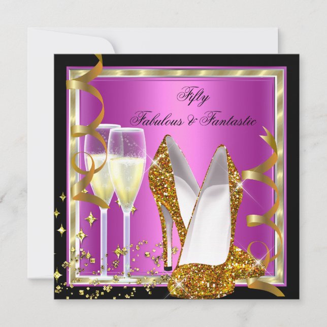 Fabulous 50 Fantastic Pink Black White Gold Party Invitation (Front)