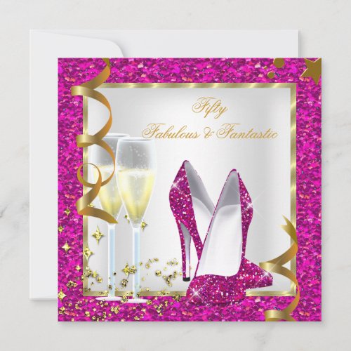 Fabulous 50 Fantastic Pink White Gold Birthday Invitation