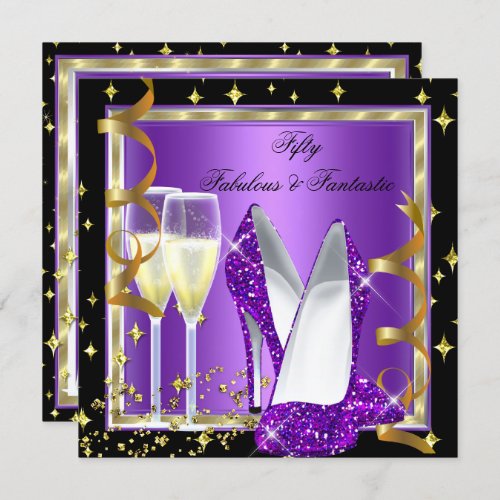 Fabulous 50 Fantastic Purple Black Gold Party 2 Invitation