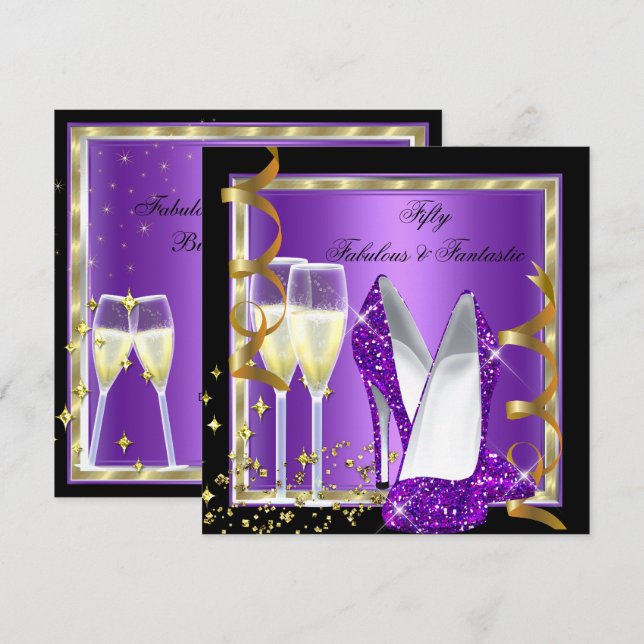 Fabulous 50 Fantastic Purple Black Gold Party Invitation (Front/Back)