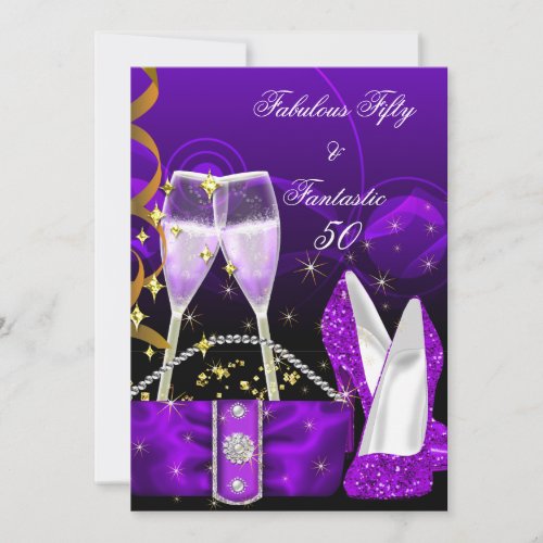 Fabulous 50 Fantastic Purple Glitter High Heels Invitation