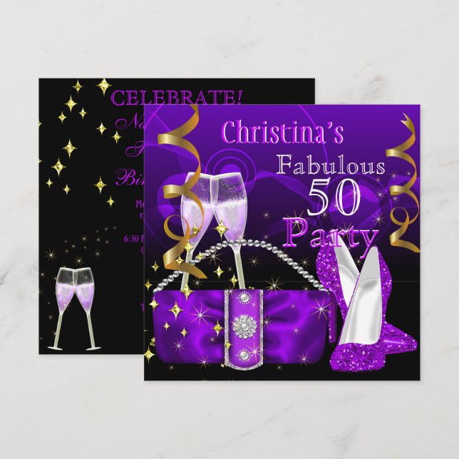 Fabulous 50 Fantastic Purple High Heels Champagne Invitation (Front/Back)