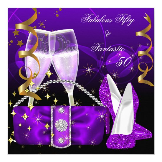 Fabulous 50 Fantastic Purple High Heels Glitter Card