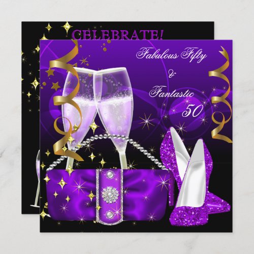 Fabulous 50 Fantastic Purple High Heels Glitter Invitation