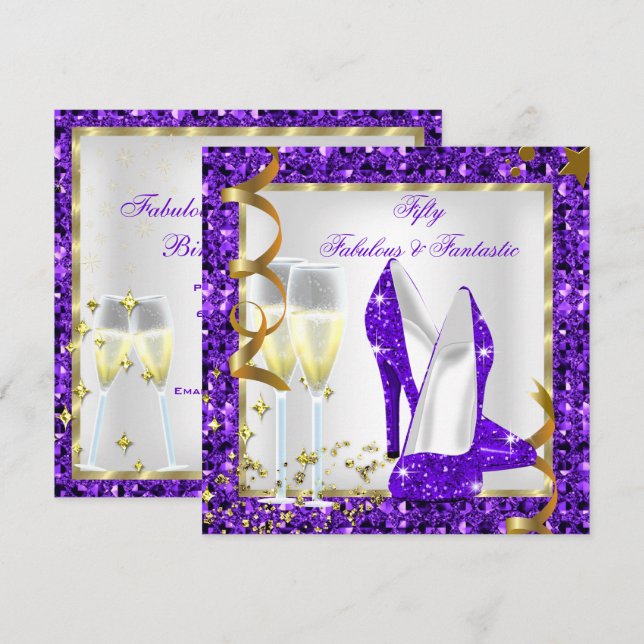 Fabulous 50 Fantastic Purple White Gold Birthday Invitation (Front/Back)