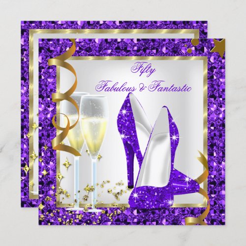 Fabulous 50 Fantastic Purple White Gold Birthday Invitation