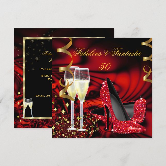 Fabulous 50 Fantastic Red Gold Abstract Birthday Invitation (Front/Back)