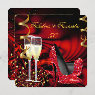 Fabulous 50 Fantastic Red Gold Abstract Birthday Invitation
