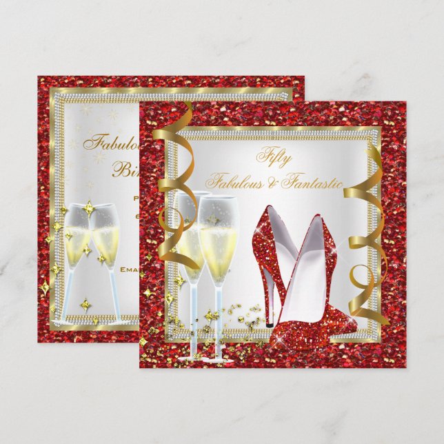 Fabulous 50 Fantastic Red White Gold Birthday 2 Invitation (Front/Back)