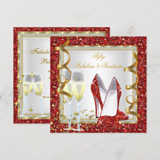 Fabulous 50 Fantastic Red White Gold Birthday 2 Invitation