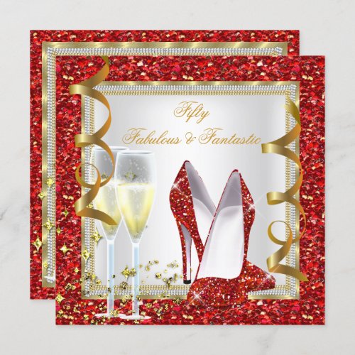 Fabulous 50 Fantastic Red White Gold Birthday 2 Invitation