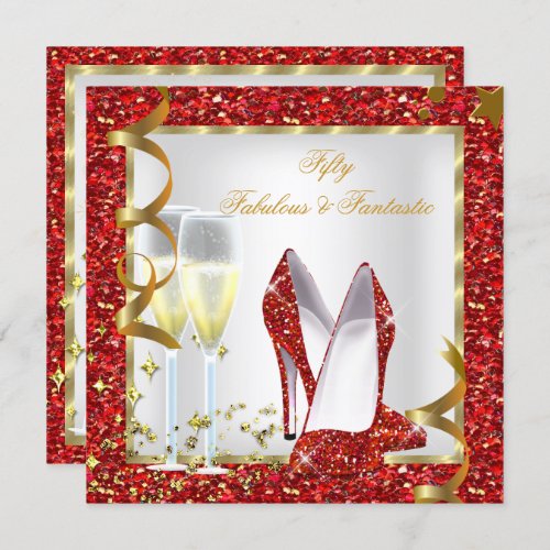 Fabulous 50 Fantastic Red White Gold Birthday Invitation