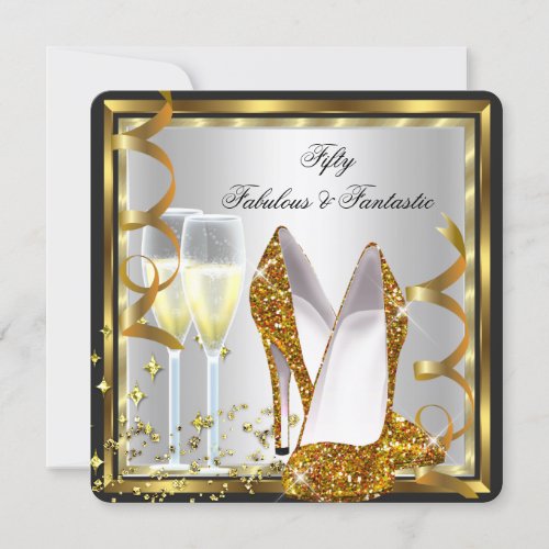Fabulous 50 Fantastic Silver White Gold Birthday Invitation