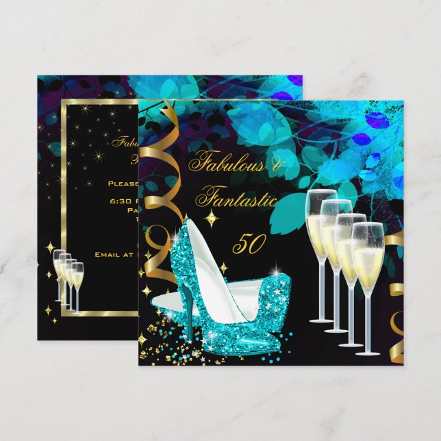 Fabulous 50 Fantastic Teal Gold Champagne Birthday Invitation (Front/Back)
