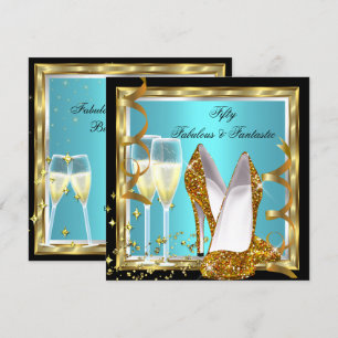 Fabulous 50 Fantastic Teal White Gold Birthday Invitation
