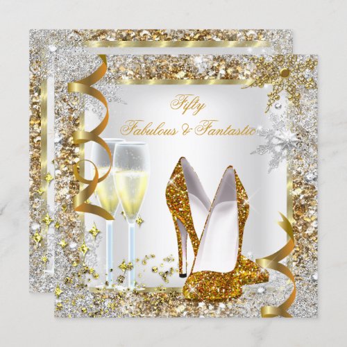 Fabulous 50 Fantastic White Gold Birthday Party Invitation