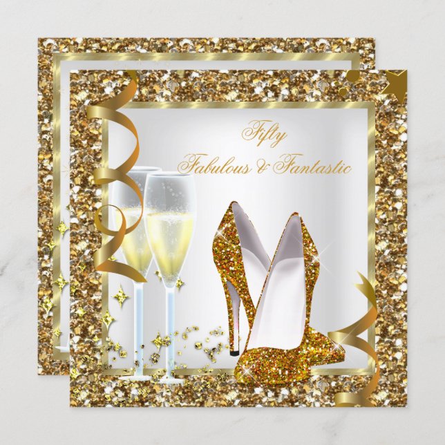Fabulous 50 Fantastic White Gold Birthday Party Invitation (Front/Back)