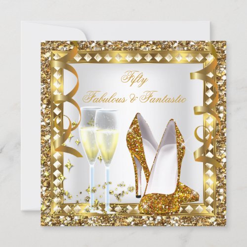Fabulous 50  Fantastic White Gold Glam Birthday Invitation