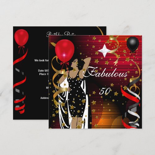 Fabulous 50 Fifty Birthday Party Black Red Stars 2 Custom Announcements