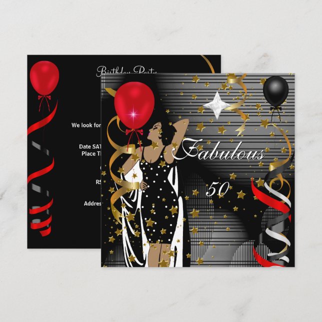 Fabulous 50 Fifty Birthday Party Black Red Stars 3 Invitation (Front/Back)