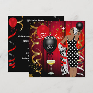 Fabulous 50 Fifty Diva Birthday Black Red Balloon Invitation
