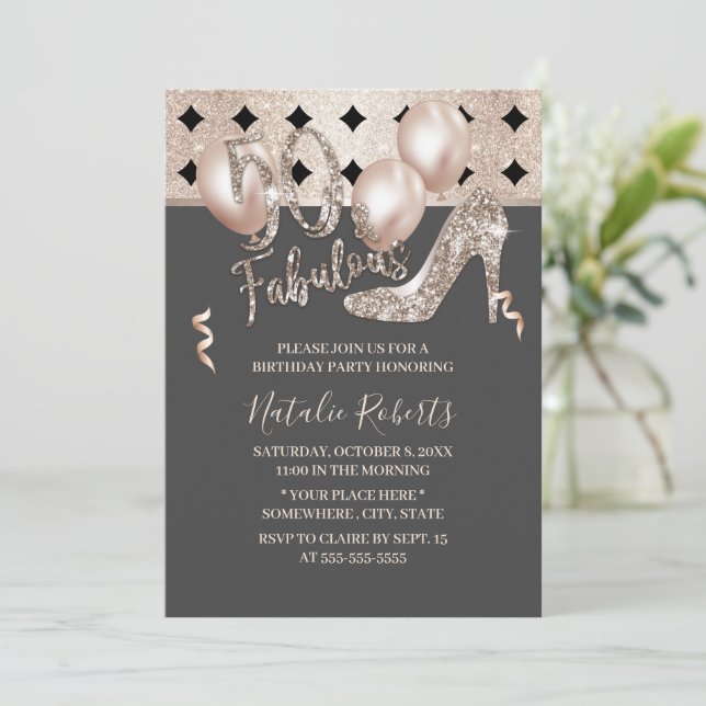 Fabulous 50 Geometric Gold High Heel Birthday Invitation (Standing Front)